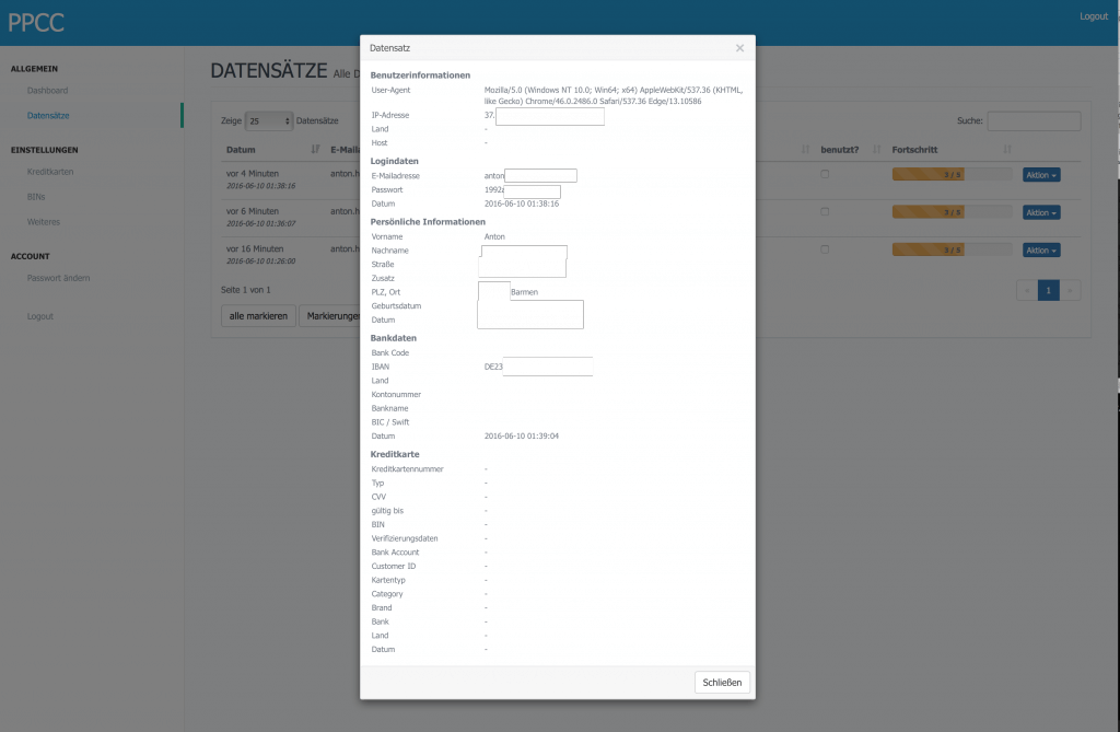 Phished Data including Username, Password, Birth Date, Credit Card Number, Address and everything else needed for online criminals to ruin someones life 